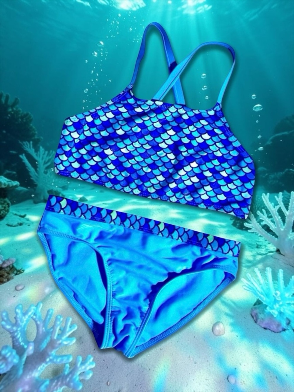 Wonder Nation Girls Sparkly Blue Mermaid‑Scale 2‑Piece Swimsuit Large (10–12)